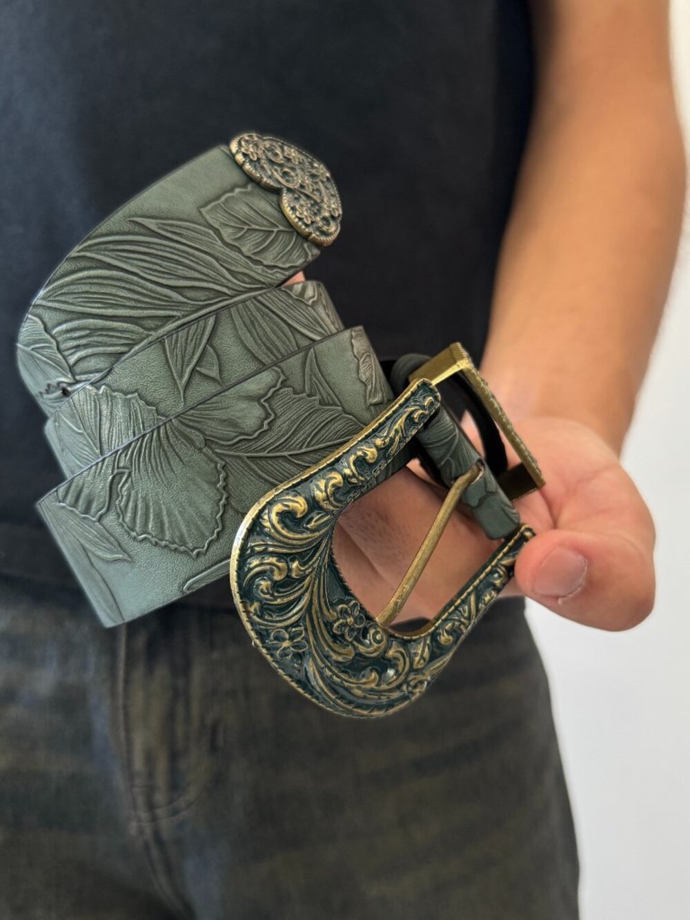 Sage Green Tooled Embossed Western Belt